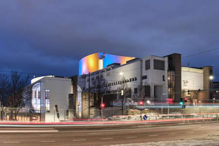 Helsinki, Finland - March 7, 2022: The colors of the Ukrainian flag on the Finnish National Opera and Balletのeditorial素材