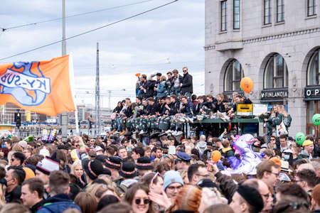 Helsinki, Finland - April 30, 2022: Finnish students celebrate Vappu. The Finnish name for May Day, Vappuのeditorial素材