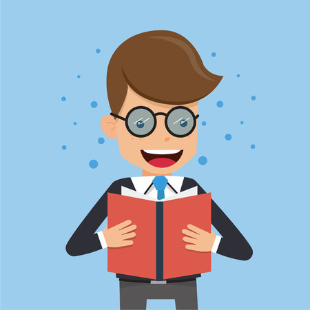 Businessman in Suit Wear Glasses and Reading Book. Concept business vector illustration Flat Style.のイラスト素材