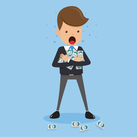 Businessman in Suit Holding and Hugging Money in Arm. Concept Business Vector Illustration Flat Style.のイラスト素材