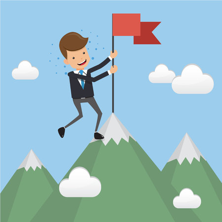 Businessman in Suit Successful Standing with Red Flag on Mountain Peak. Concept business vector illustration Flat Style.のイラスト素材