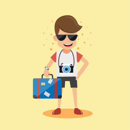 Young Man Traveler with Suitcase and Camera. Concept Travel Vector Illustration Flat Style.のイラスト素材