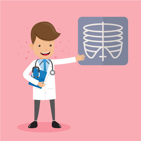Doctor with Stethoscope Presentation X-Ray Film. Healthcare Concept Vector Illustration Flat Style.のイラスト素材