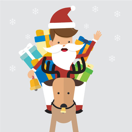 Happy Christmas Santa Claus with Reindeer and Gifts. Concept Merry Christmas Vector Illustration Flat Style.のイラスト素材