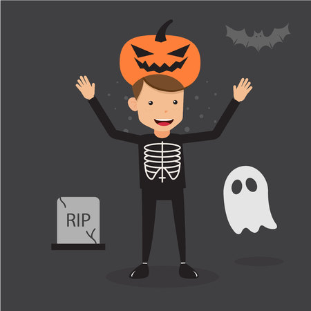Young Man in Black With a Pumpkin Hat. Concept Halloween Party Vector Illustration Flat Style.のイラスト素材