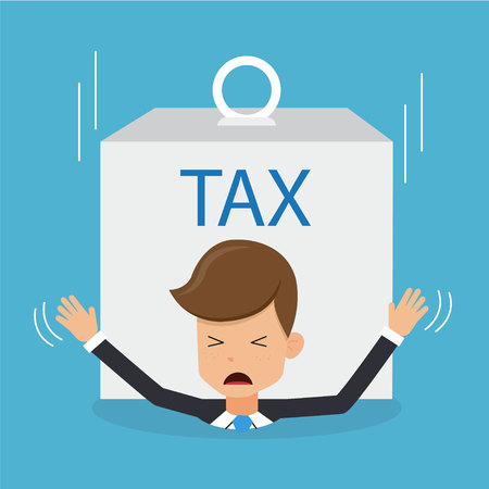 Businessman in Suit Under Heavy Tax Payments Burden. Concept Business Vector Illustration Flat Style.のイラスト素材