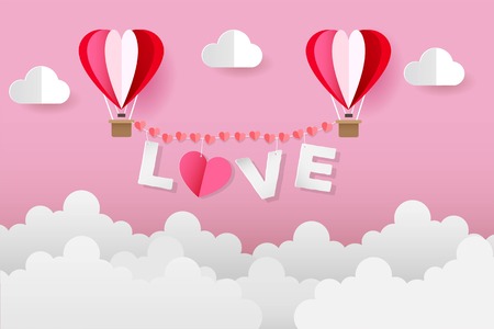 Origami Heart Balloons On The Sky, Love and Valentine Day Vector Illustration Paper Artのイラスト素材