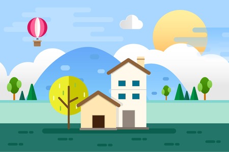 Home and Nature Landscape. Vector Illustration Flat Design Backgroundのイラスト素材