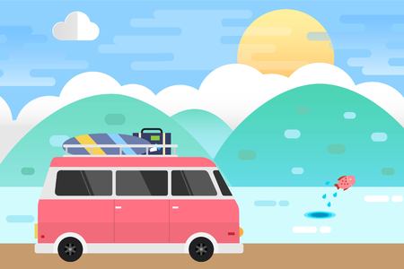Sea Landscape and Van Car Travel. Vector Illustration Flat Design Backgroundのイラスト素材