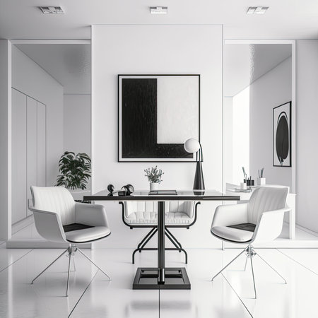 Through the incredible technology of artificial intelligence, a modern and elegant workspace in white tones was created that inspires creativity and productivity.の素材