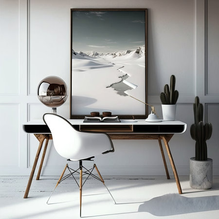 Interior of modern living room with white walls, wooden floor, white computer desk with white armchair and cactus.の素材