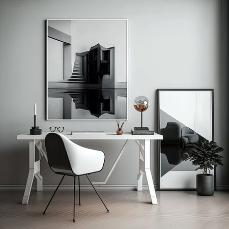 Interior of modern office with black and white walls, wooden floor, white computer table with black chair and mirror.の素材