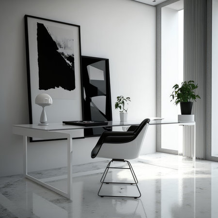 Interior of modern office with white walls, concrete floor, white computer table with black armchair and black picture on the wall.の素材