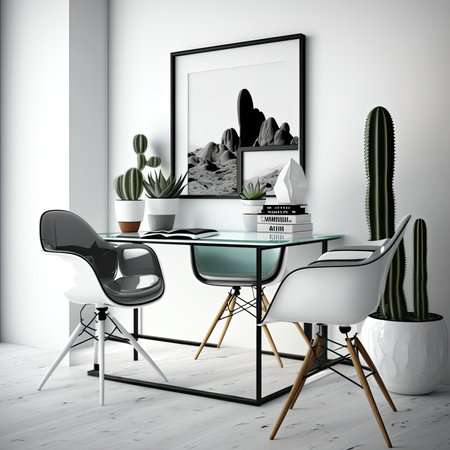 Through the incredible technology of artificial intelligence, a modern and elegant workspace in white tones was created that inspires creativity and productivity.の素材