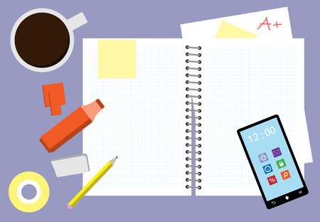 Messy Study Desk Vector Illustrationのイラスト素材