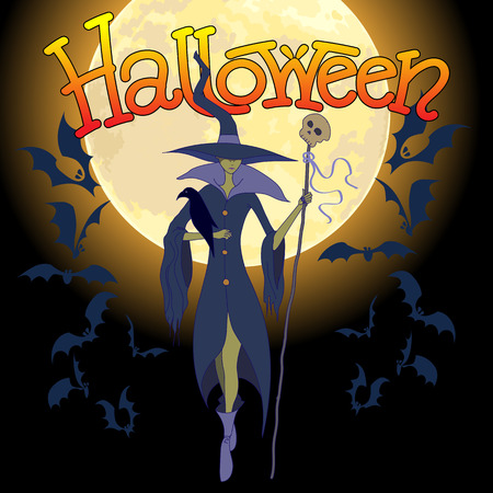 Halloween Witch Vector Illustration. Witch with Bats and a Moon in the Backgroundのイラスト素材