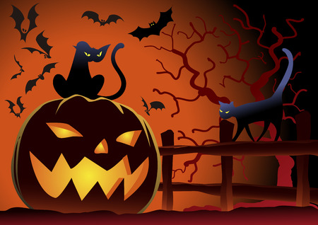 Halloween Vector Illustration. Pumpkin with Cats and Bats at Night with a tree on the Background.のイラスト素材