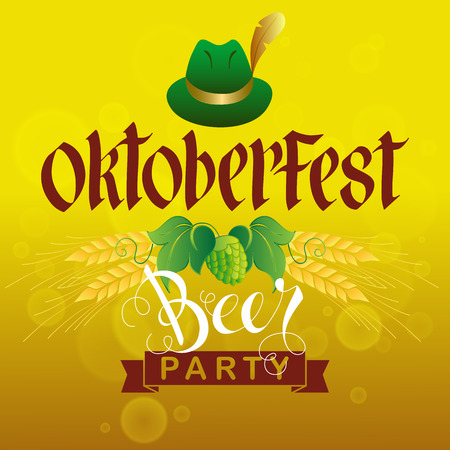 Oktoberfest Beer Party Vector Illustration. Hand Lettered Text with Barley and a Hat on a abstract background.のイラスト素材