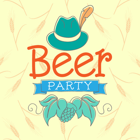 Beer Party Vector Illustration. Hand Lettered Text with a Hat on a background filled with barley.のイラスト素材