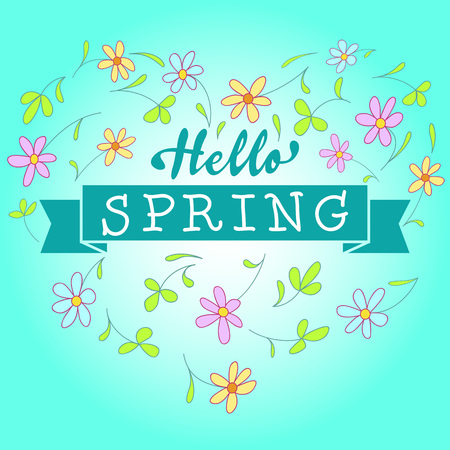 Hello Spring Floral Vector Illustration. Hand Lettered Text with Banner and Flowers in a blue background.のイラスト素材
