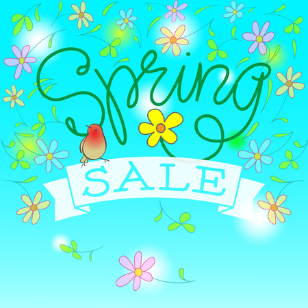 Spring Sale Vector Illustration. Hand Lettered Text with Banner, Bird and Flowers in a blue background.のイラスト素材