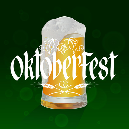 Oktoberfest Vector Illustration with Hand Lettered Text and Beer Mug with a green background.のイラスト素材
