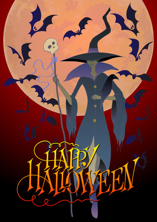 Halloween Witch Vector Illustration. Witch with Bats and a Moon in the Backgroundのイラスト素材