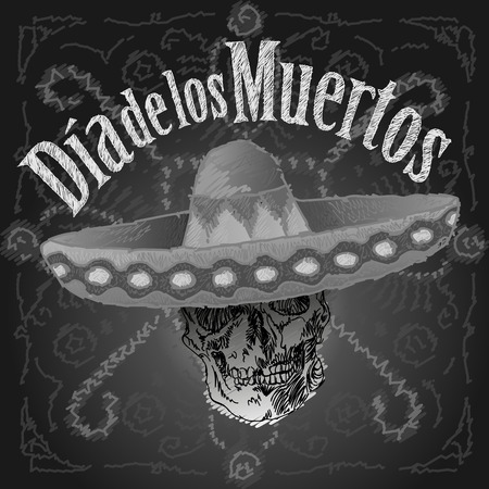 Dia de los muertos - Day of the Dead Vector Illustration. Hand Lettered Text with Skull wearing a hat. Black Background with aztec-like pattern.のイラスト素材
