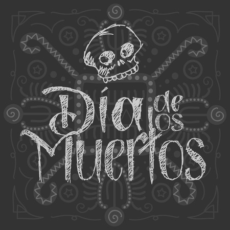 Dia de los muertos - Day of the Dead Vector Illustration. Hand Lettered Text with Skull. Background with aztec-like pattern.のイラスト素材