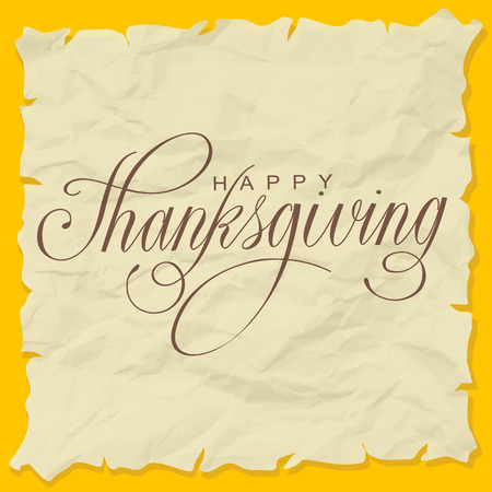 Happy Thanksgiving Vector Illustration. Hand Lettered Text on top of a Paper and Orange Background.のイラスト素材