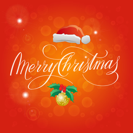 Merry Christmas Vector Illustration. Hand Lettered Text, Santa Hat and Christmas Tree Ball Illustrations on a Red Bokeh Background.のイラスト素材