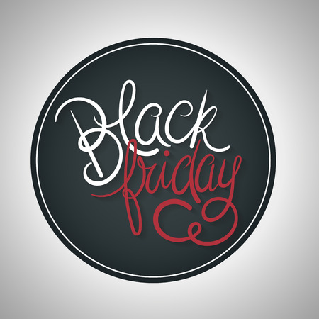 Black Friday Poster Vector Illustration. Hand Lettered Text with Shadows on a  Dark Badge and Grey Background.のイラスト素材
