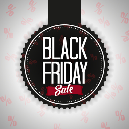 Black Friday Sale Poster Vector Illustration. Text on a Black Badge with Sale Banner and Percentage Symbols in the Background.のイラスト素材