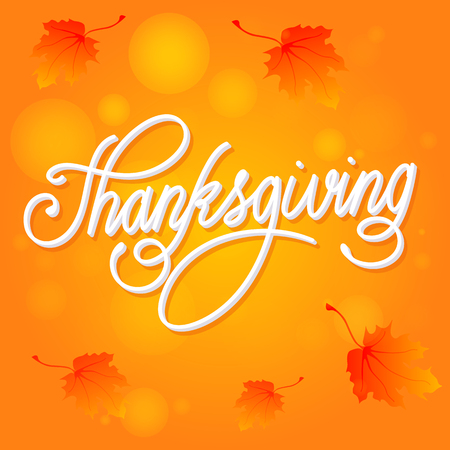 Happy Thanksgiving Day Vector Illustration. Hand Lettered Text with Shadows on an Orange Background with Leaves..のイラスト素材