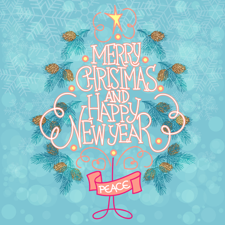 Merry Christmas and Happy New Year Card. Vector Illustration. Hand Lettered Text with Christmas Ornaments on a Blue Background.のイラスト素材