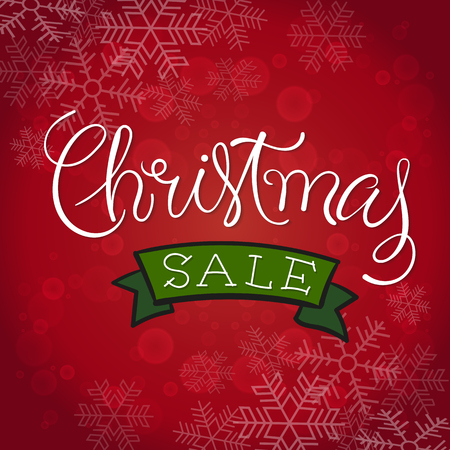Merry Christmas Sale. Vector Illustration. Hand Lettered Text with Christmas Ornaments on a Red Background.のイラスト素材