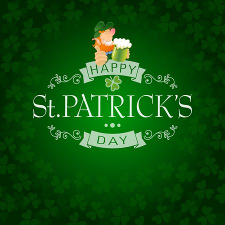 Hand Lettered Saint Patrick's Day Background with Leprechaun and Shamrocks Vector Illustration.のイラスト素材