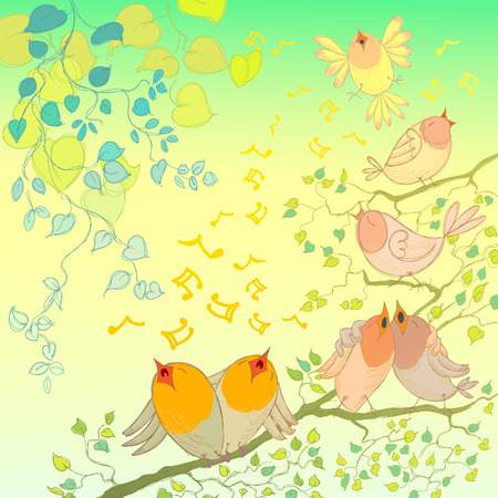 Background with Hand Drawn Spring Leaves and Birds Chirping.のイラスト素材