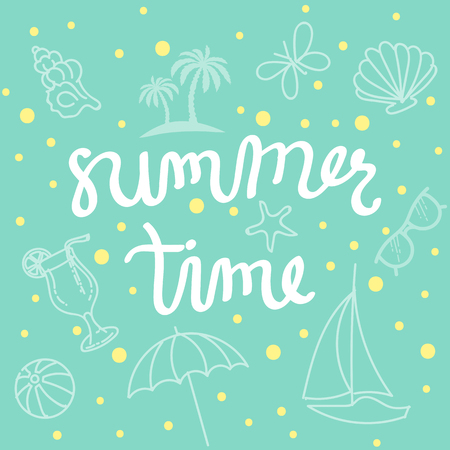 Summer Time Abstract Background. Hand Lettered Text with Illustrations of Balls, Sunglasses, Palms, Boats and more.のイラスト素材