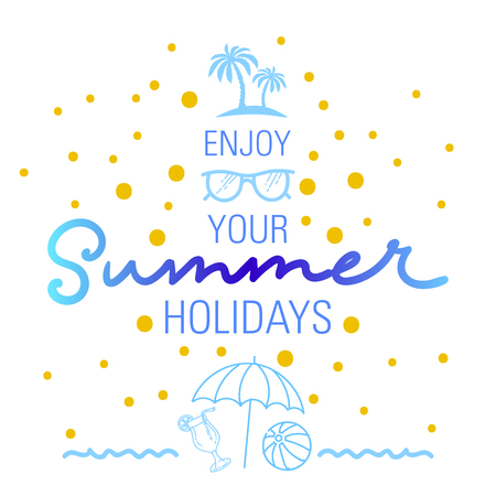 Summer Time Abstract Background. Hand Lettered Text with Illustrations of Balls, Sunglasses, Palms, Boats and more.のイラスト素材