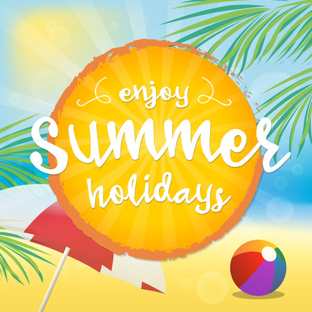 Enjoy Summer Illustration. Text on a Orange Badge and a Beach Background.のイラスト素材
