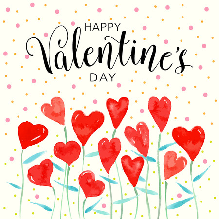 Happy Valentines day with hearts. Hand lettering vector illustrationのイラスト素材