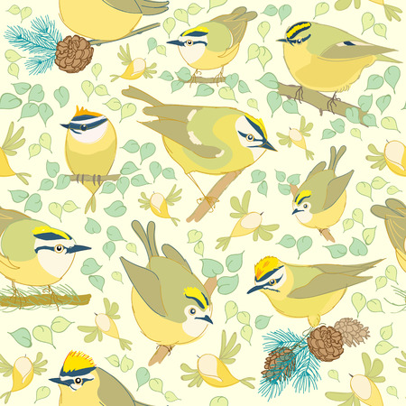 Gold crest pattern. Cartoon birds. Hand drawn. vector illustrationのイラスト素材