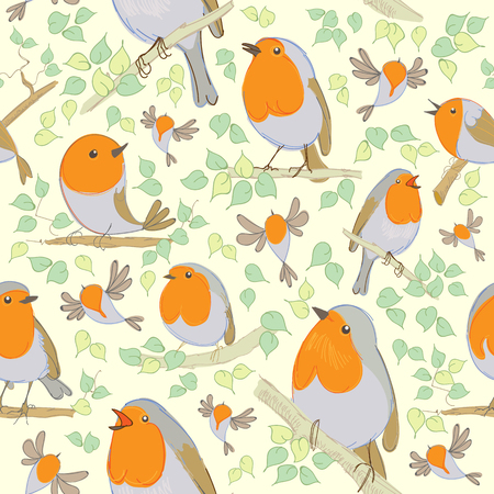 Robin pattern. Cartoon birds. Hand drawn. vector illustrationのイラスト素材