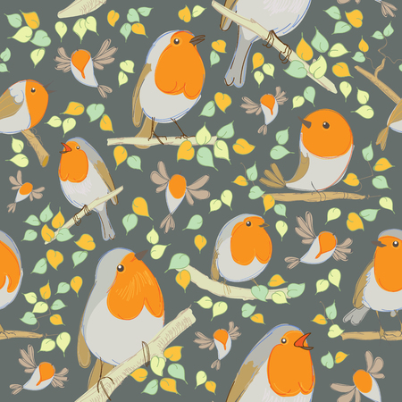 Robin pattern. Cartoon birds. Hand drawn vector illustrationのイラスト素材