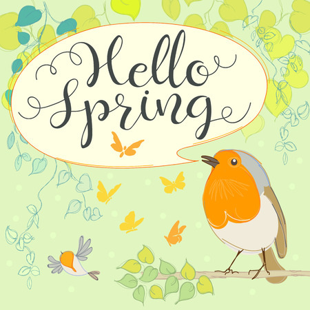 Hello Spring With robin. Cartoon bird. Hand letter. vector illustrationのイラスト素材