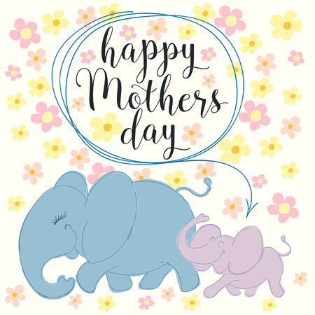 Happy Mothers Day With Elefant and flowers. Hand made vector illustrationのイラスト素材