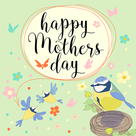 Happy mothers day with bird and flowers. Hand made vector illustrationのイラスト素材