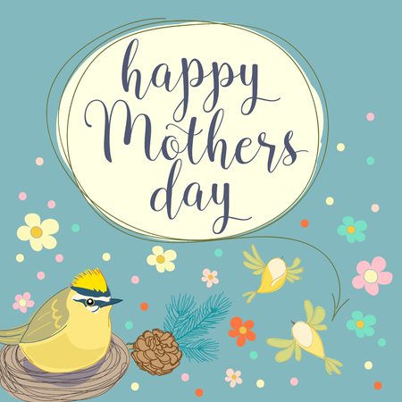 Happy mothers day with bird and flowers. Hand made vector illustrationのイラスト素材
