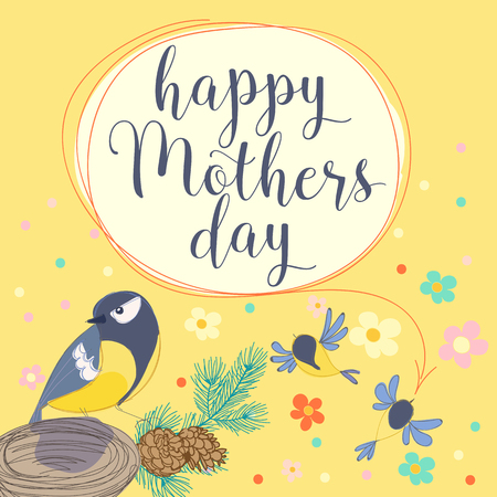 Happy mothers day with bird and flowers. Hand made vector illustrationのイラスト素材